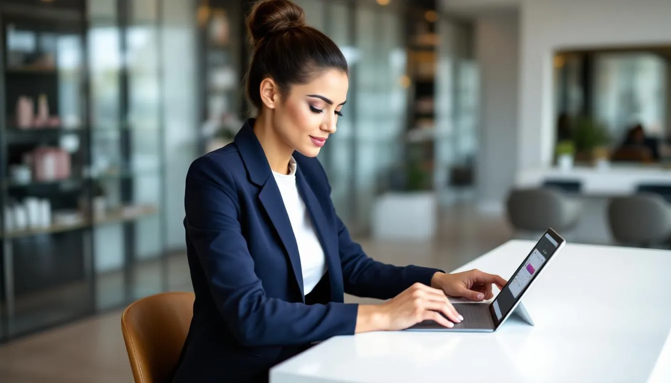 Una recepcionista en un salón de belleza utiliza una tablet para gestionar citas y reservas de clientes, mostrando un ambiente organizado y eficiente en la atención al cliente. La imagen refleja la importancia del software para salones en la programación y control de servicios.