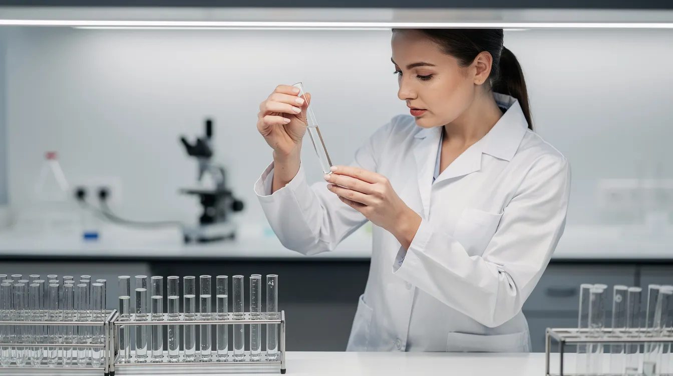 A laboratory technician in a white coat is examining test samples under bright lighting, ensuring the quality and safety of hemp derived products, including delta 8 THC. The technician's focused expression highlights the importance of testing for controlled substances in compliance with Louisiana state law.