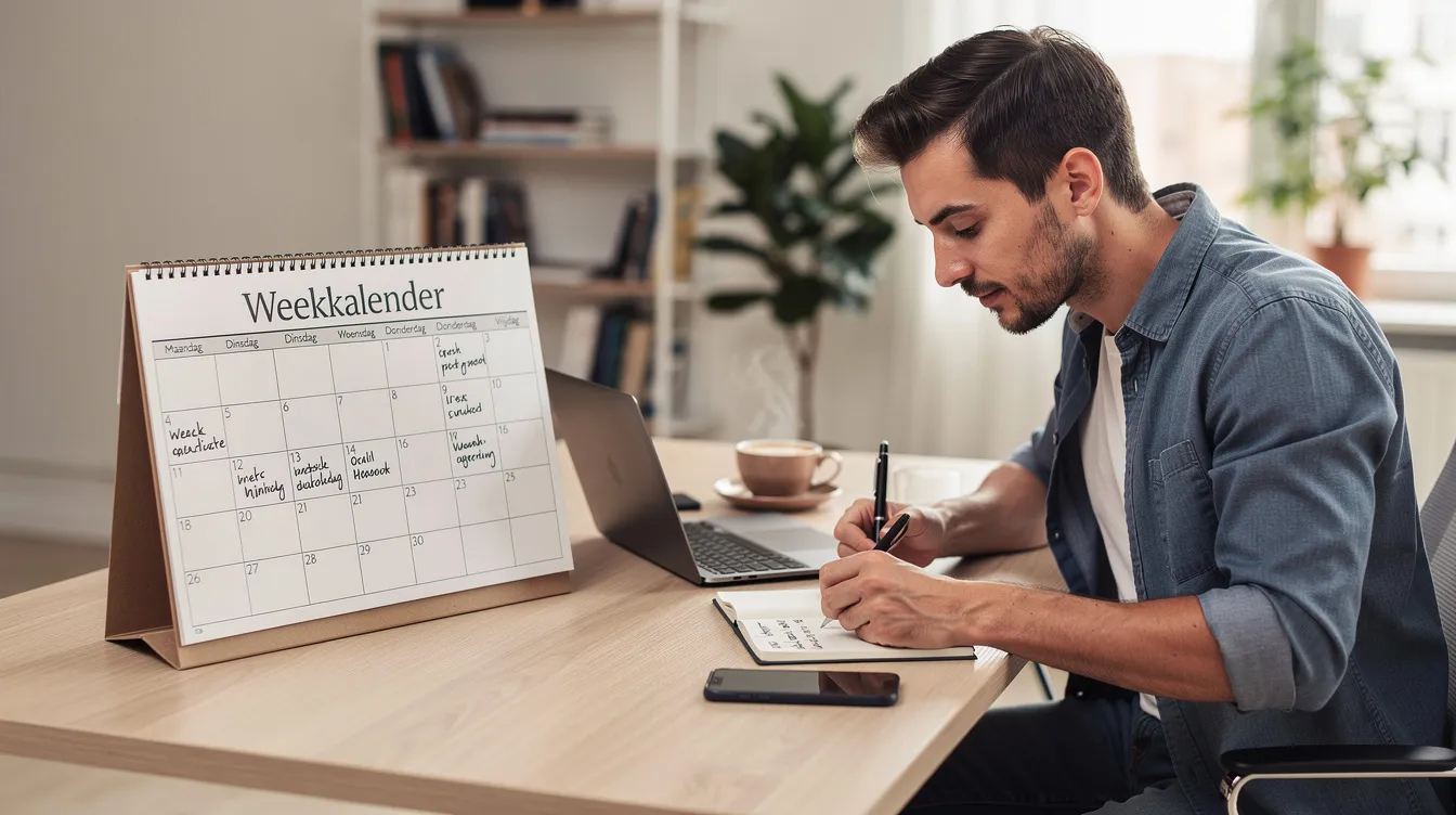 Een ondernemer zit geconcentreerd achter een bureau en maakt aantekeningen naast een weekkalender, terwijl hij zich voorbereidt op het schrijven van een businessplan. De kalender toont de dagen van maandag tot vrijdag, wat de planning en structuur van zijn zakelijke doelen benadrukt.