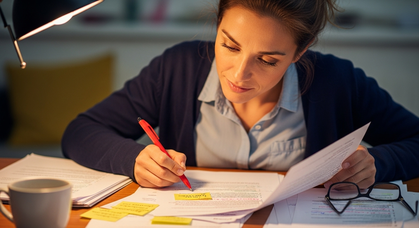Close-up of teacher analyzing tone, vocabulary, and sentence structure across multiple student papers