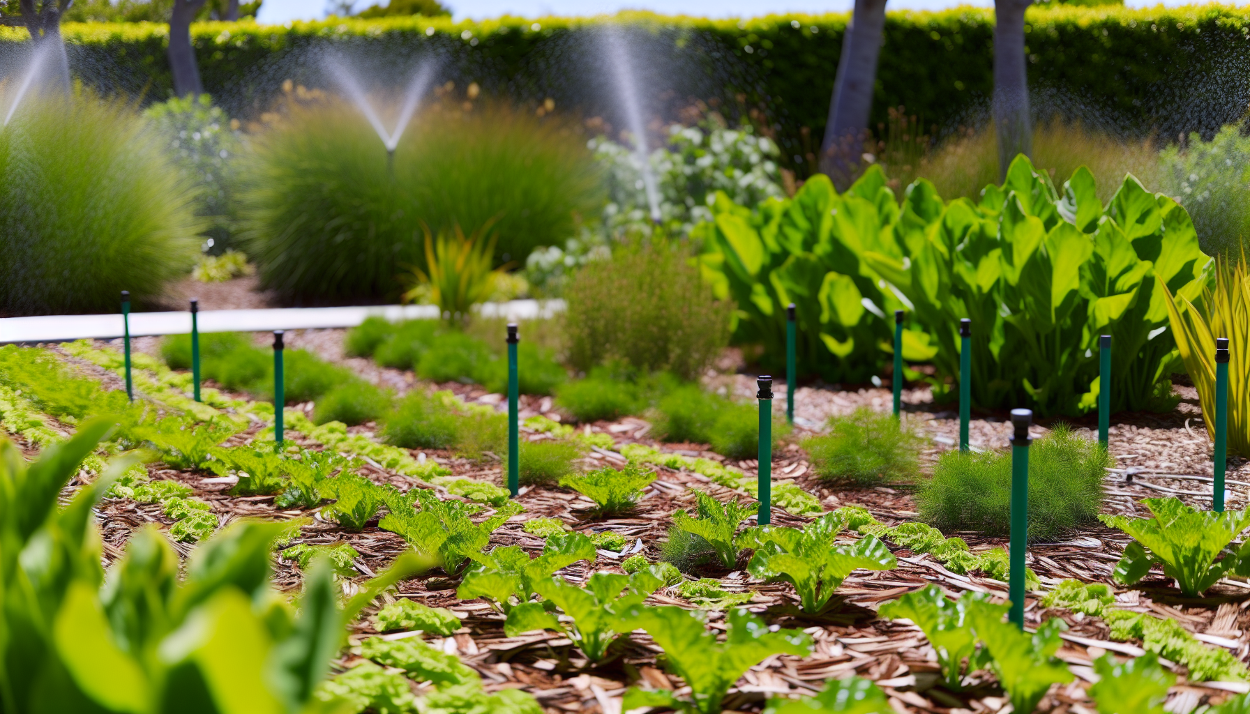 Mulched garden with water-efficient irrigation