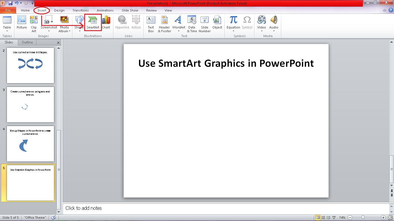 Go to "Insert" tab, and click "SmartArt"