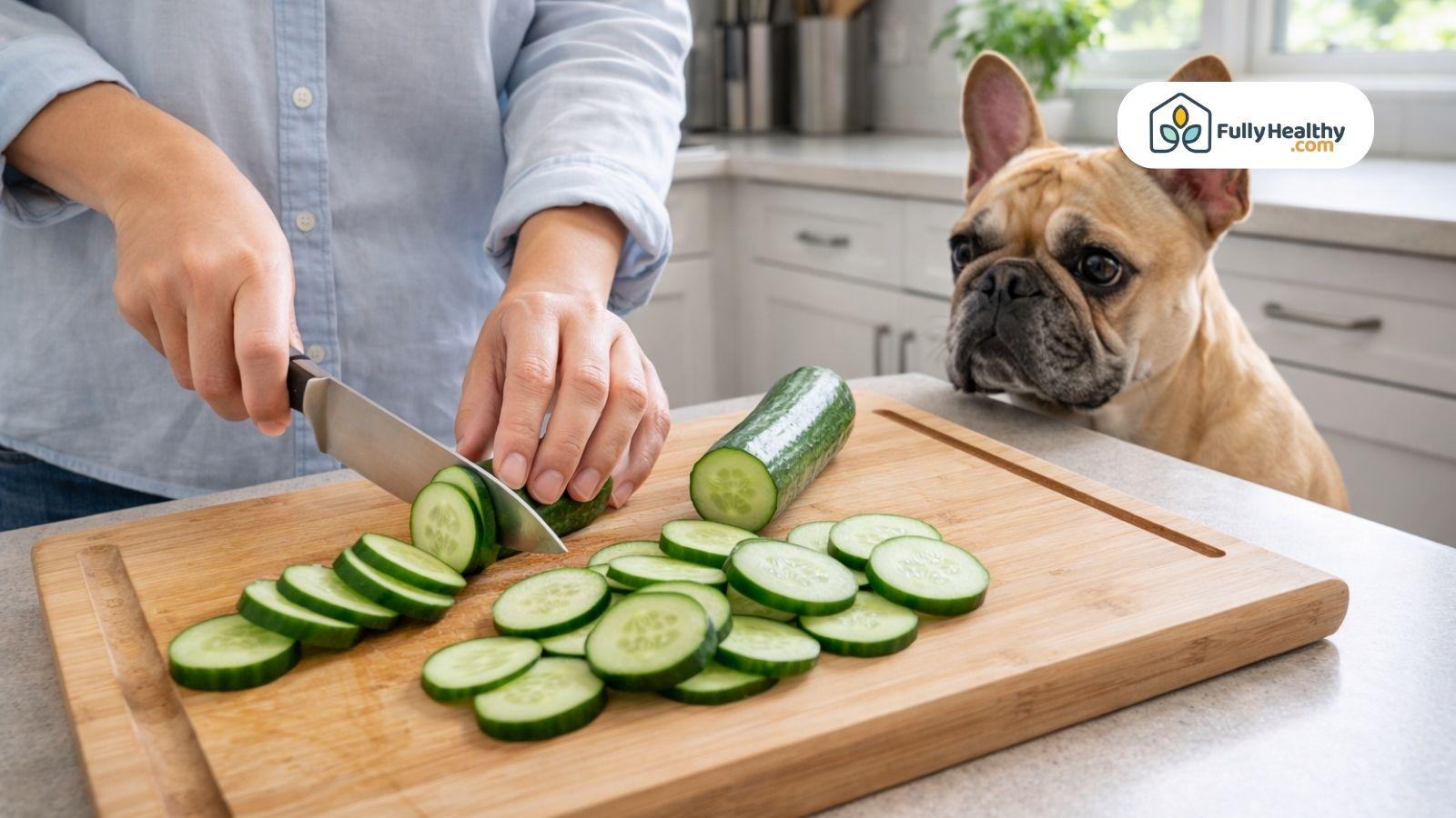 Person slicing fresh cucumber on board while French bulldog watches closely