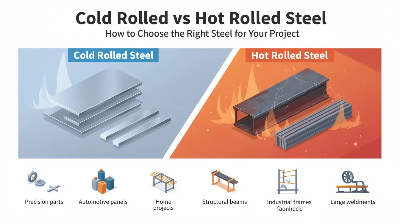 The image illustrates the comparison between cold rolled and hot rolled steel, showcasing two distinct steel sheets side by side. The cold rolled steel features a smooth surface finish with tighter tolerances, while the hot rolled steel has a rougher, scaled surface that is typically produced at high temperatures, highlighting the main differences in their properties and applications for various projects.