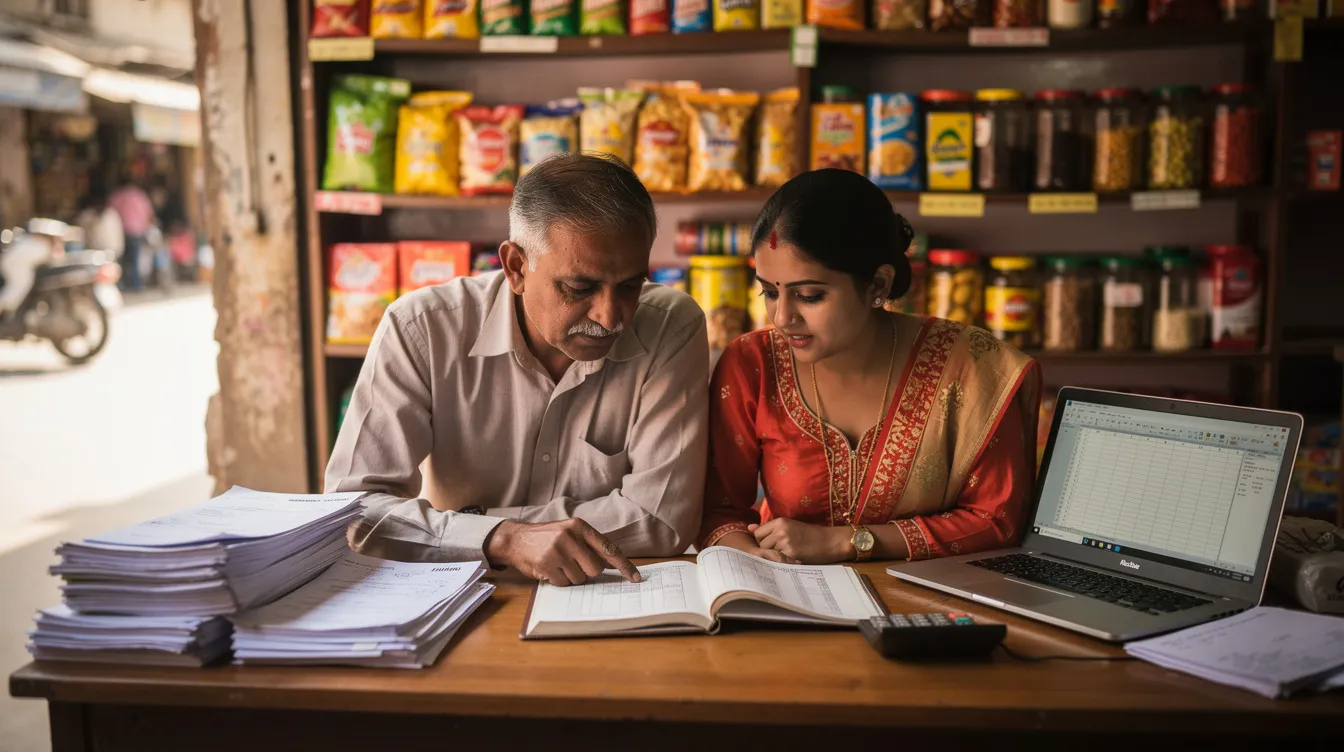 Two small business owners are sitting at a desk in a small Indian shop, reviewing financial documents together. They appear focused and engaged, likely discussing their satisfactory credit track record and the necessary documents required for applying for mudra loans or other financial assistance from banks and financial institutions.