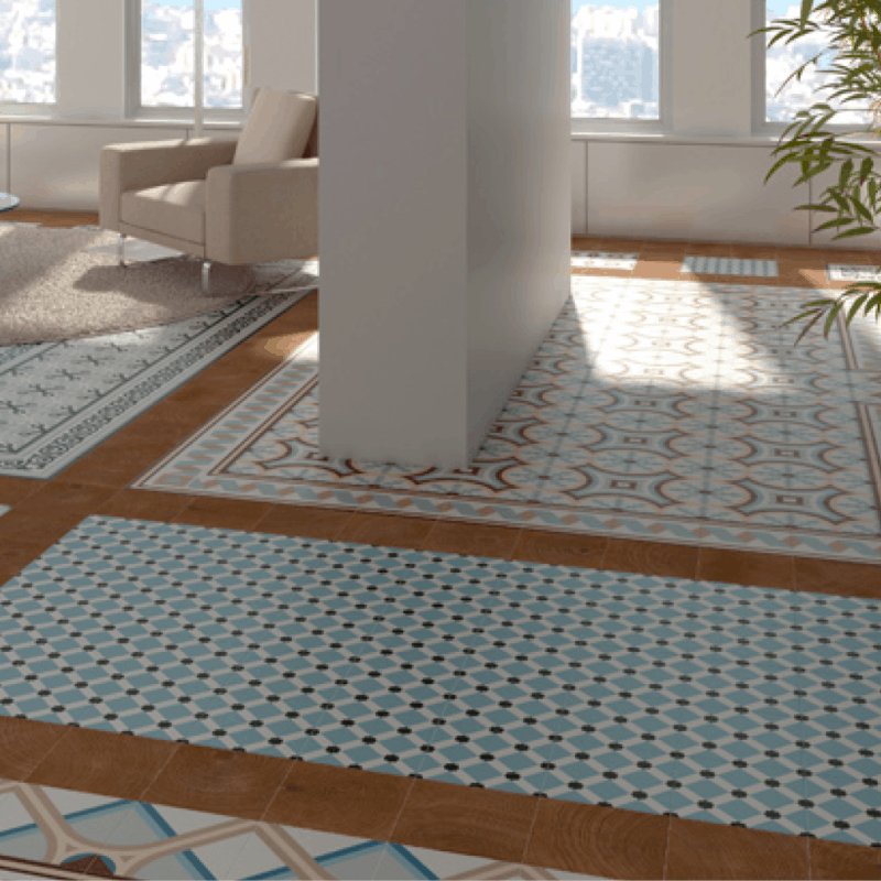 Victorian 1900 Palau Celeste Encaustic Pattern floor and wall tiles.