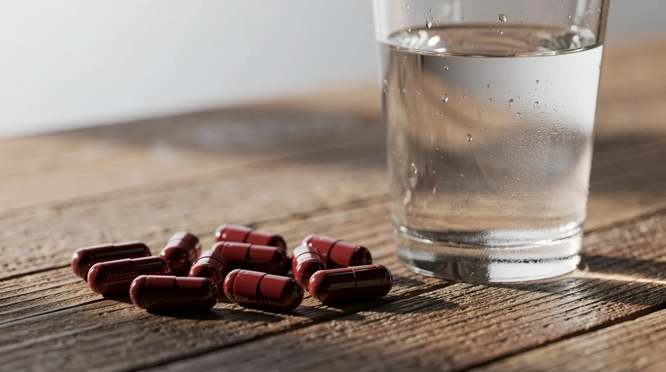 The image features an assortment of supplement capsules neatly arranged on a wooden table, accompanied by a glass of water, suggesting a focus on dietary supplements that may help improve erectile function and boost blood flow. This scene emphasizes the importance of overall health and wellness, particularly in relation to sexual performance and treating erectile dysfunction.