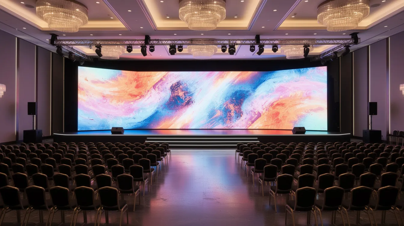 A wide LED video wall brightly illuminates a large event stage in a modern ballroom, surrounded by neatly arranged rows of chairs. The display features high-resolution LED panels that enhance the visual experience for attendees at the event.