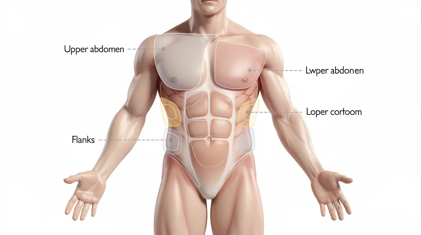 The image depicts an athletic male figure highlighting common liposuction treatment areas on the torso, showcasing the potential for body contouring and fat removal through various liposuction techniques. This visual representation emphasizes the importance of consultation with a board certified plastic surgeon for male liposuction patients considering this elective cosmetic surgery.