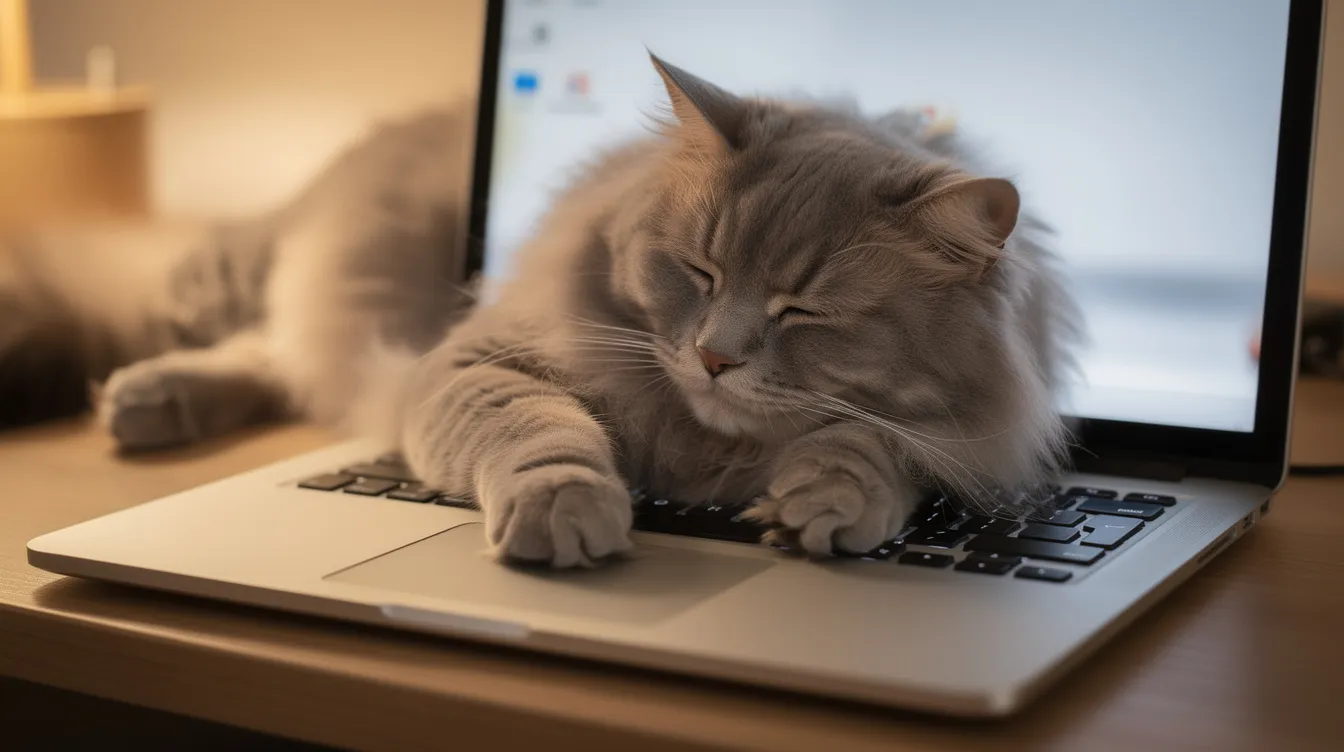 A fluffy cat is comfortably sprawled across a laptop keyboard, with its paws playfully resting on the trackpad, taking advantage of the warm surface as its sleeping spot. The scene captures the cat's calm demeanor, showcasing its cute body language and relaxed behavior.