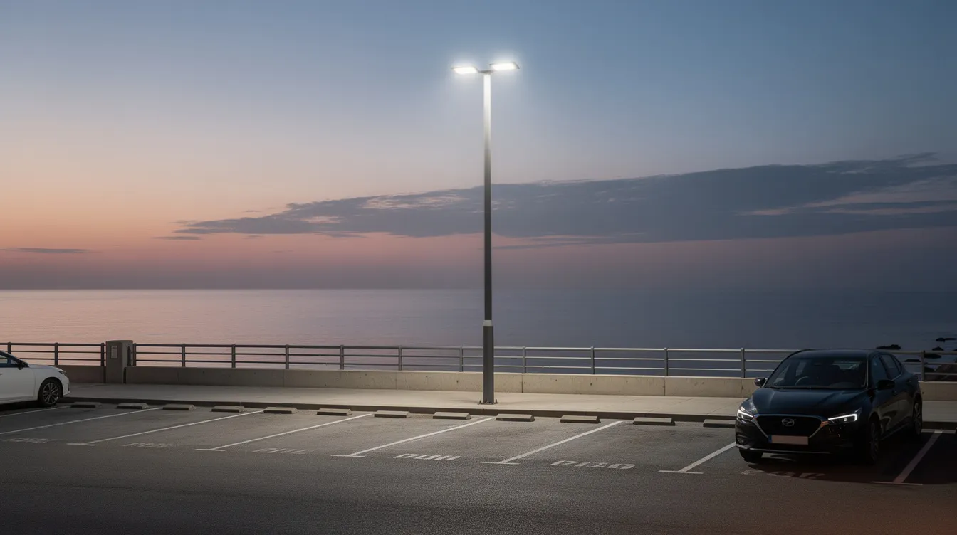 A tall outdoor LED light pole illuminates a coastal parking lot at dusk, casting a warm glow over the area with the ocean visible in the background. The light pole, likely made from durable materials such as fiberglass reinforced plastic, stands tall against the twilight sky, enhancing visibility for evening visitors.