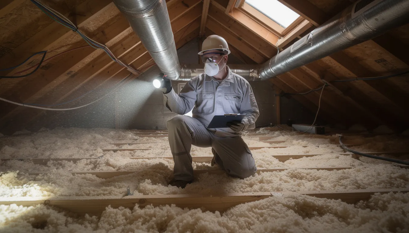 A professional technician, fully equipped with a dust mask and gloves, is inspecting a residential attic space for signs of rodent droppings, including fresh mouse droppings and bat guano. The technician is looking for dark, scattered feces that may indicate an infestation, which can carry diseases and allergens.