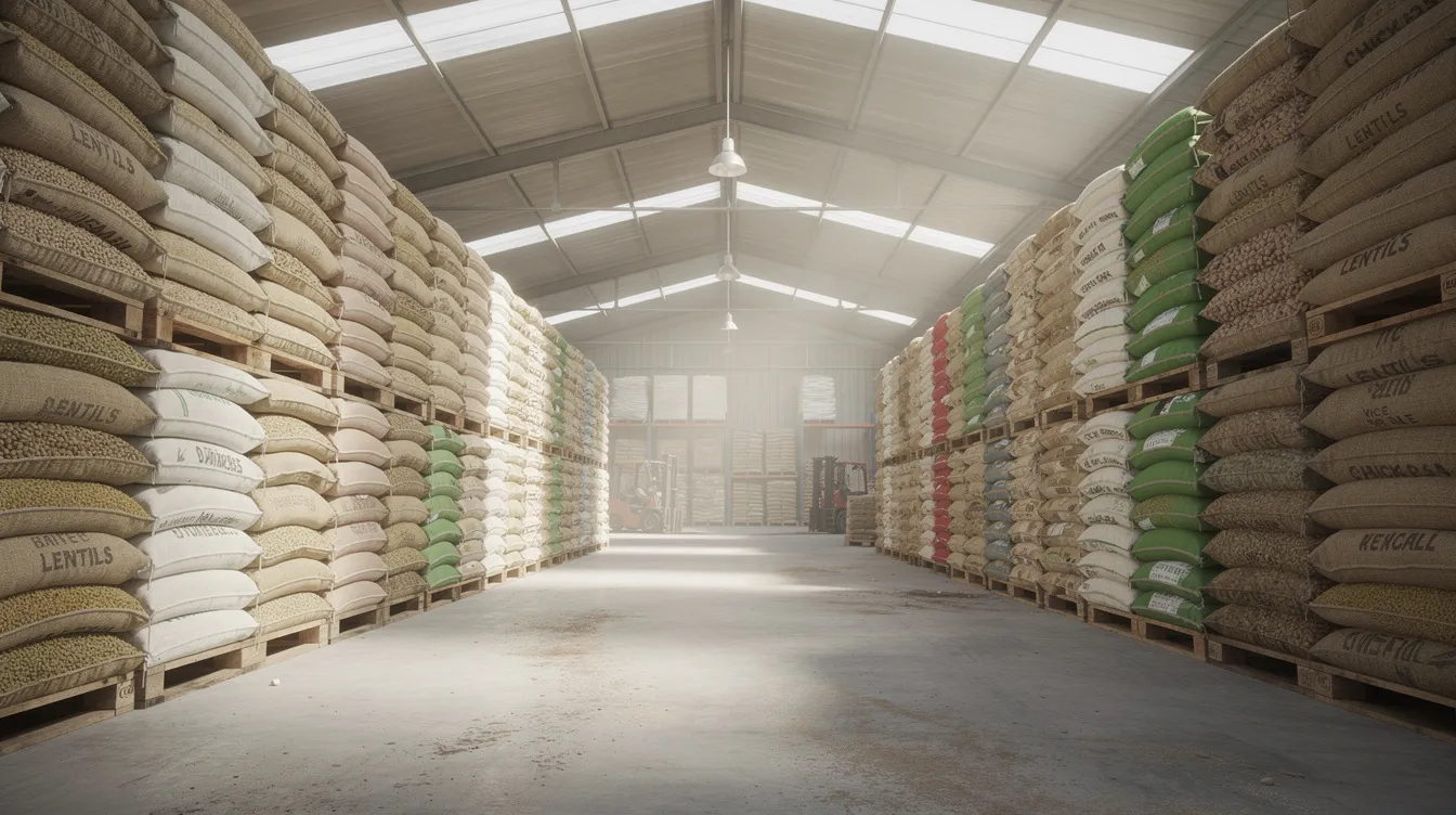 b73c3dd5 8cba 4249 9e0a 9cb32118e977 The image depicts a large warehouse filled with neatly stacked bags of various pulses and grains, showcasing the raw materials essential for a dal mill project. This setting highlights the importance of proper storage and organization in the food processing industry, reflecting the project's potential for profitability and production capacity.