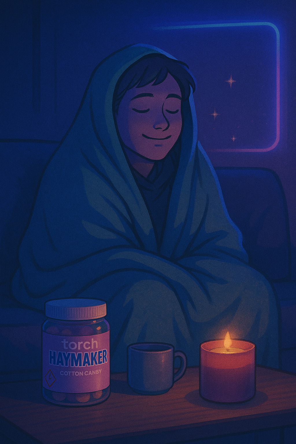 Person relaxing on a couch at night with Torch Haymaker Gummies nearby, representing calm and stress relief.