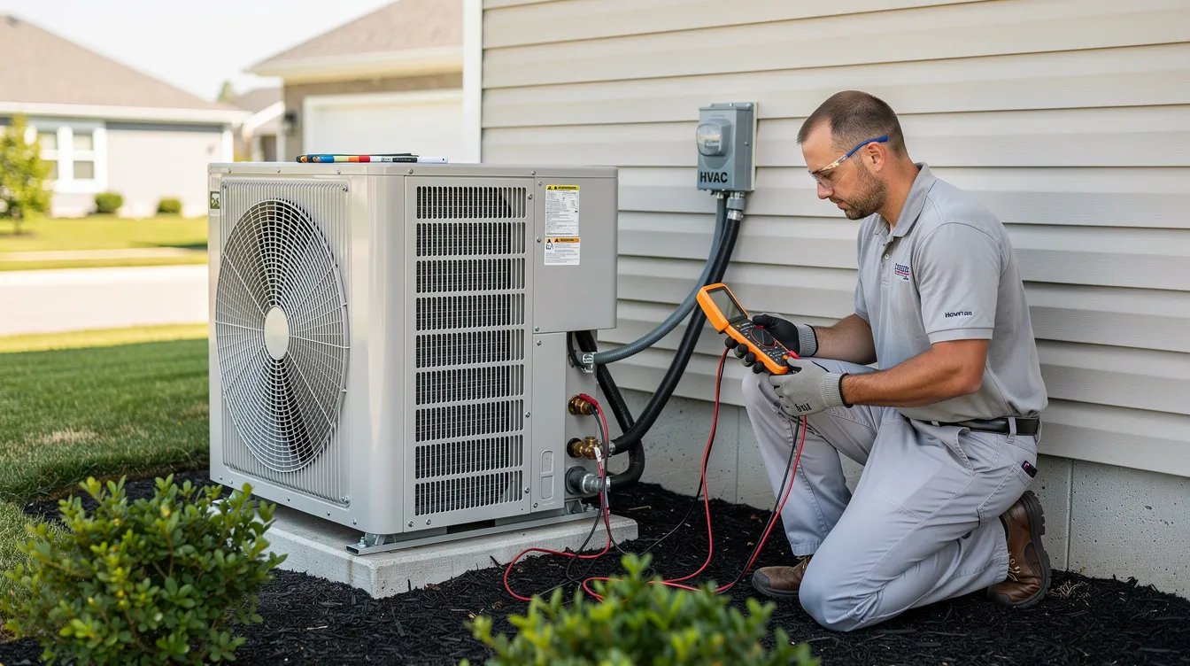 A professional technician is inspecting an outdoor HVAC unit next to a home, ensuring the air conditioning system is functioning efficiently. This service is crucial for maintaining home comfort and optimizing energy usage.