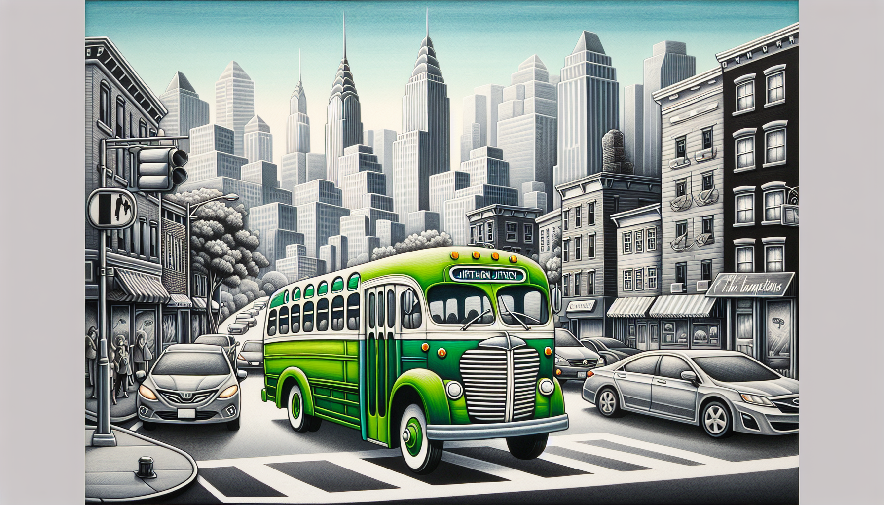 Whimsical illustration of the Hampton Jitney bus in traffic en route to the Hamptons