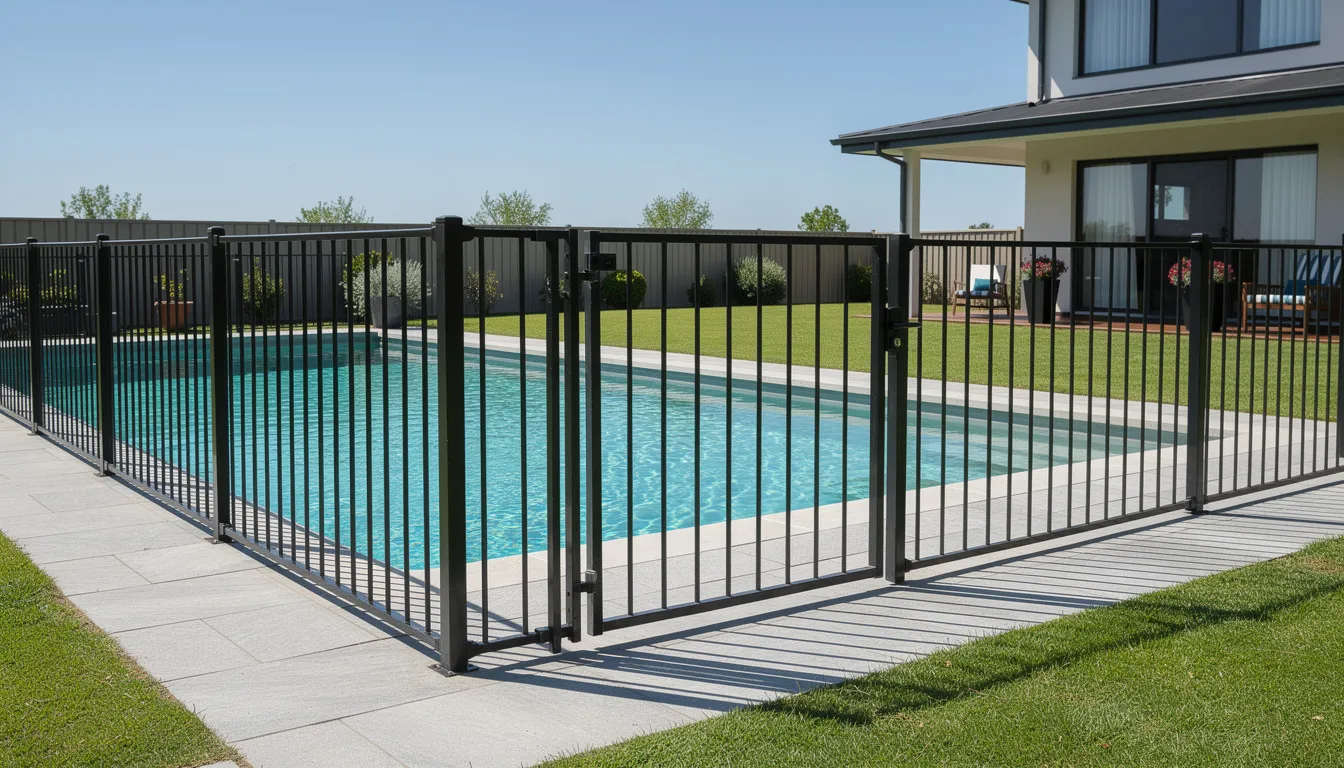 The image shows a residential backyard swimming pool surrounded by a safety fence and gate, ensuring compliance with local council regulations for public safety. The pool area is designed for leisure, featuring a new timber fence that provides a secure boundary while adhering to building code requirements.