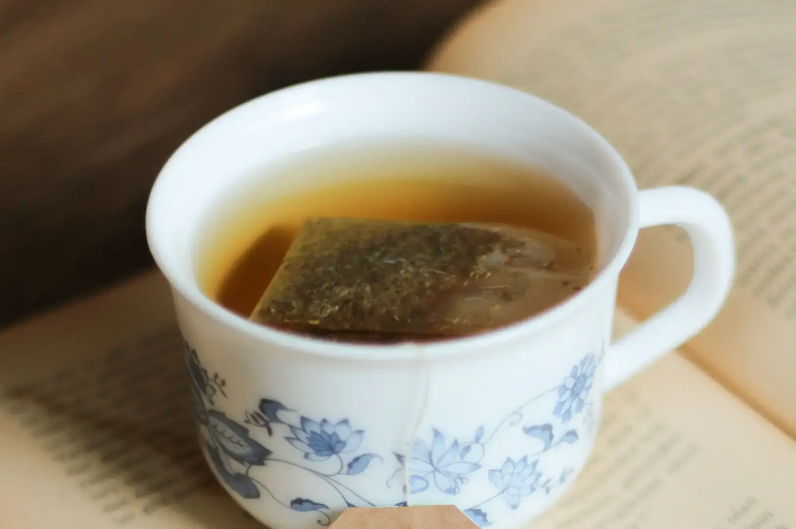 A white ceramic teacup decorated with blue floral motifs, filled with steeping golden tea and containing a submerged square tea bag, set directly atop the open pages of a book.