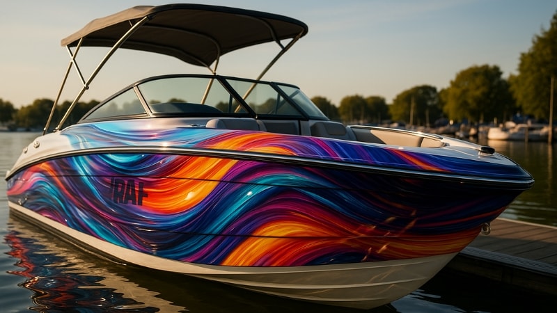 Yacht wrapped in colorful glossy vinyl film