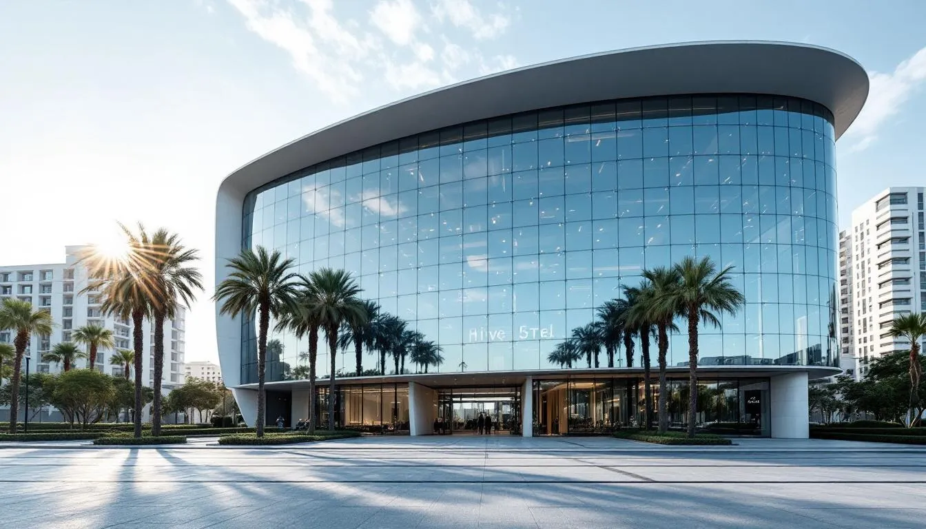 The image depicts a modern luxury hotel building featuring a sleek glass facade and contemporary architecture, characteristic of the Radisson Blu hotel in Islamabad. This impressive structure is designed to offer world-class amenities and comfort, making it a prime location for guests and business travelers alike.