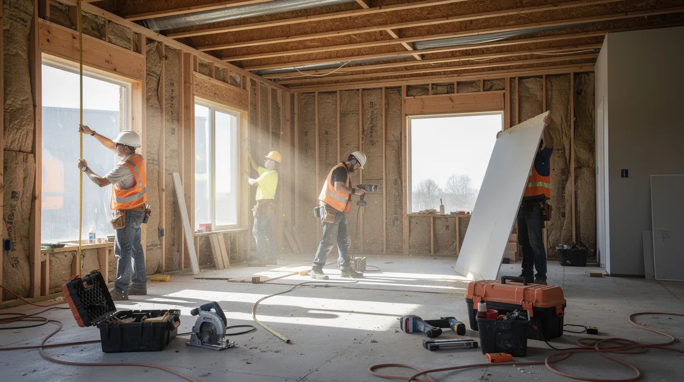 The image depicts construction workers actively renovating the interior of a residential property, showcasing exposed framing and various tools scattered around. This scene illustrates the ongoing process of home improvement, which is essential for real estate investors seeking to enhance residential properties, potentially utilizing hard money loans for financing solutions.