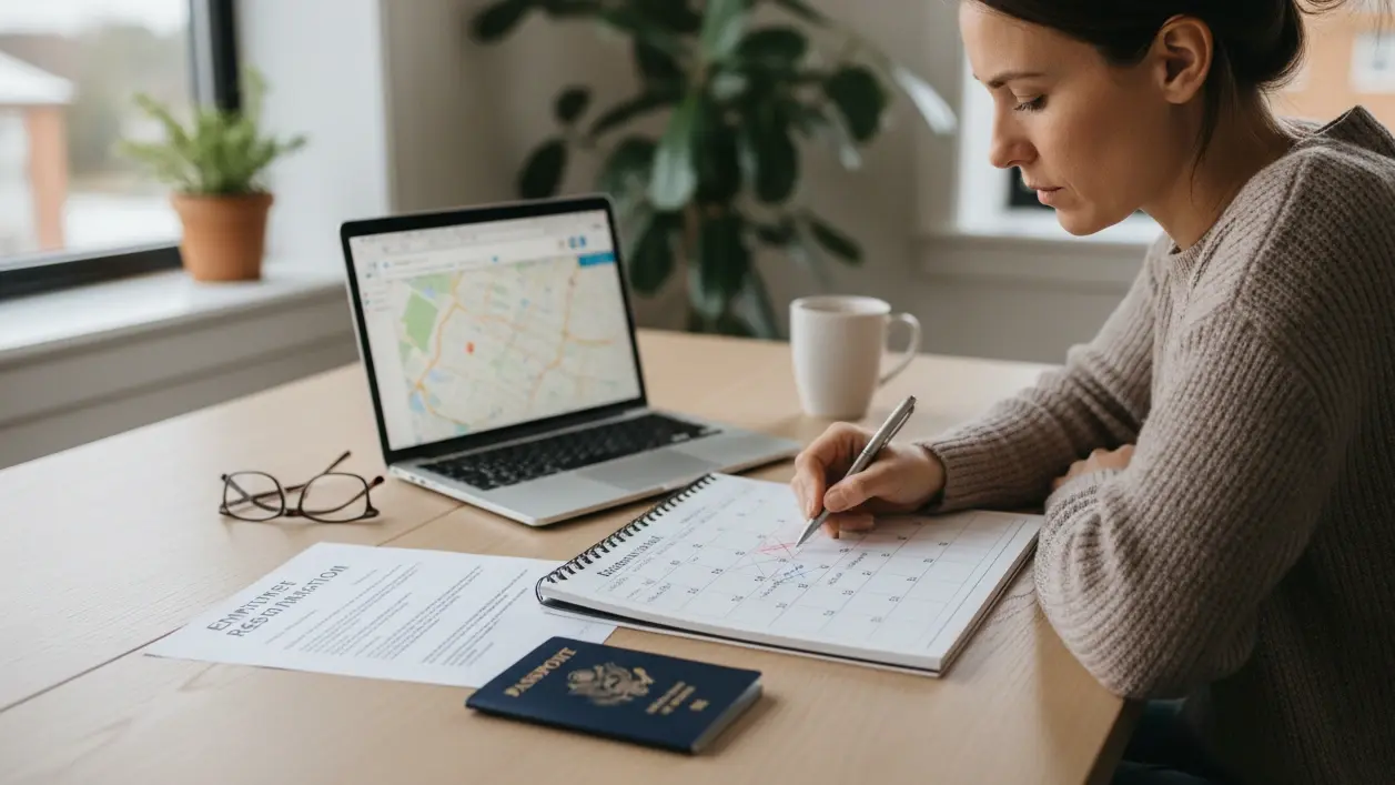 Seasonal worker reviewing onward ticket proof with contract date and legal stay limit