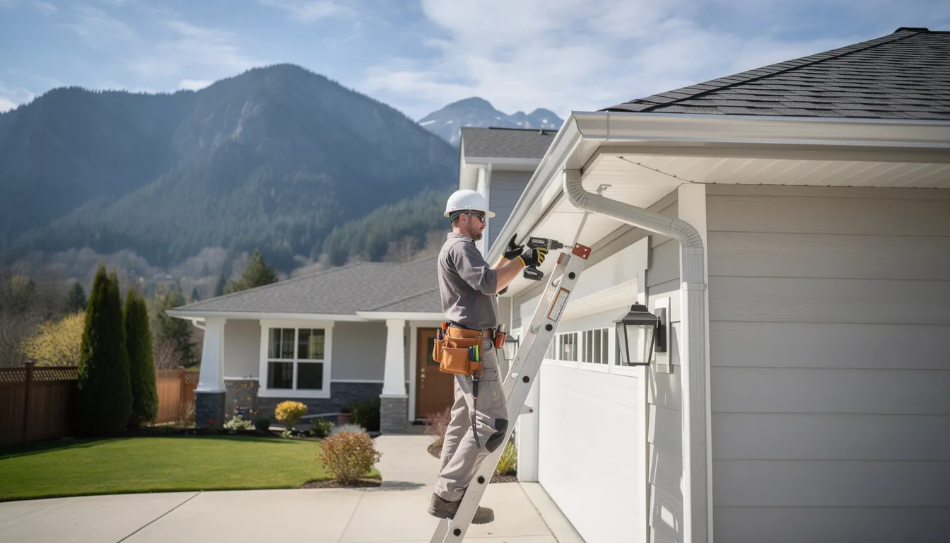 A professional worker is seen installing seamless aluminum gutters on a residential home, with majestic mountains in the background. This efficient gutter installation showcases the expertise of gutter contractors in providing quality gutter services to homeowners in southern Colorado.