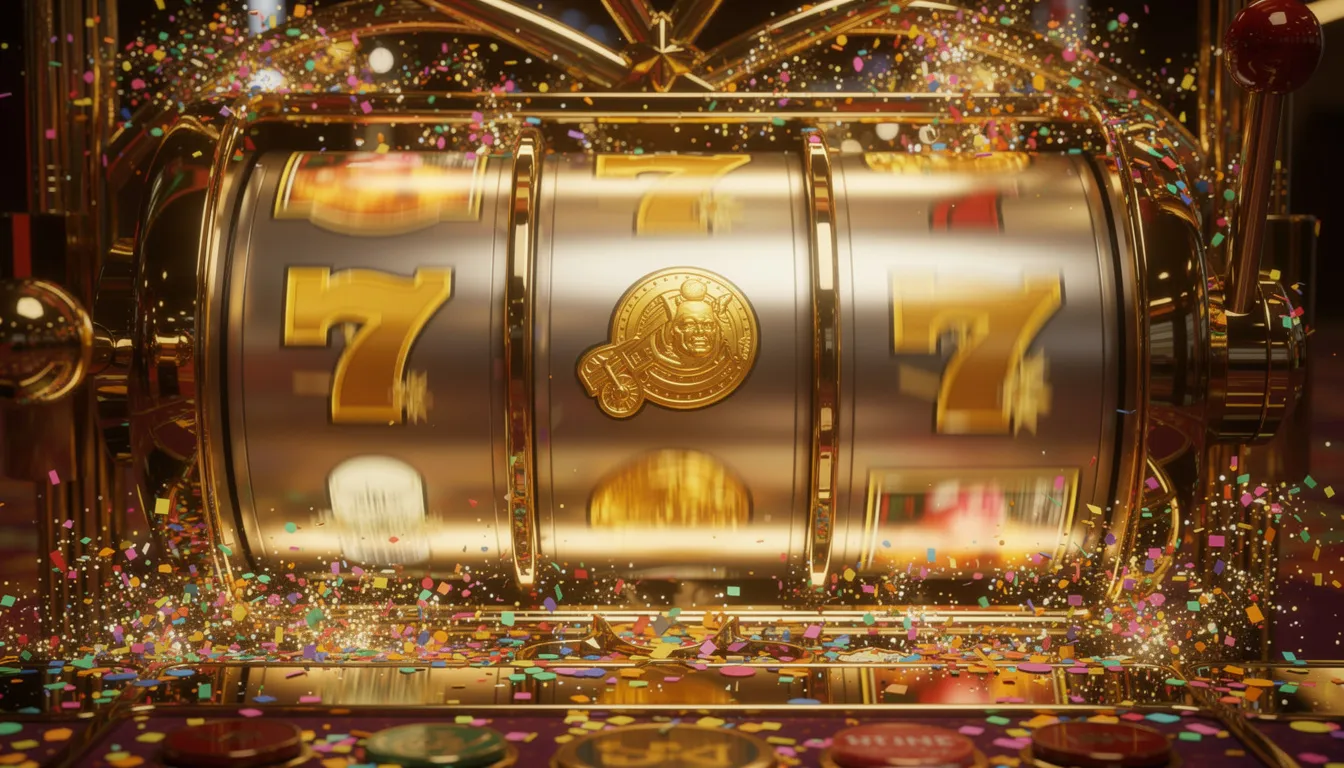 En bild av snurrande spelautomater med gyllene jackpot-symboler och festlig konfetti som faller ner. Denna scen fångar känslan av spänning och glädje i ett online casino, där spelare kan vinna stora priser och njuta av gratissnurr.