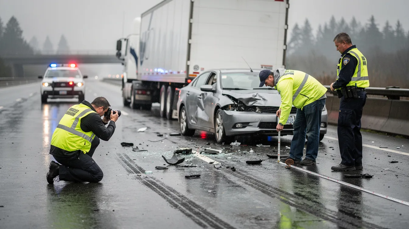 The image depicts a truck accident investigation scene on a wet highway in Everett, Washington, featuring a large white semi truck pulled over with a damaged silver sedan nearby. Two accident investigators are at work, one photographing skid marks and the other measuring distances, while a police officer observes the scene, all under an overcast sky with a reflective road surface typical of Pacific Northwest weather.