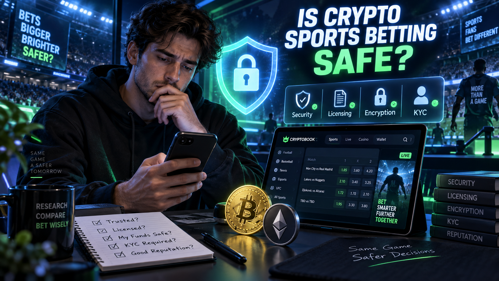 Person researching the safety of Bitcoin bookmakers, including licensing, encryption, KYC verification and wallet security.