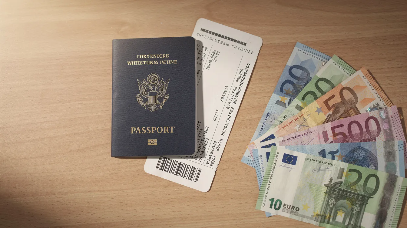The image features a passport, a boarding pass, and various foreign currency notes neatly arranged on a flat surface, symbolizing international travel and financial transactions. This setup may evoke thoughts of the Nainital Bank's international money transfer services, essential for travelers from India.