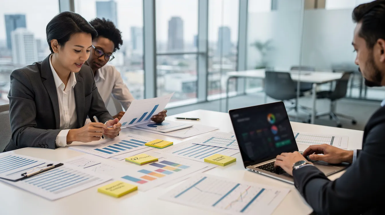 In a modern office setting, a diverse group of professionals is engaged in reviewing financial documents, likely related to venture capital transactions and investment strategies. They appear focused and collaborative, indicating a thorough approach to managing legal complexities and ensuring compliance in their financial dealings.
