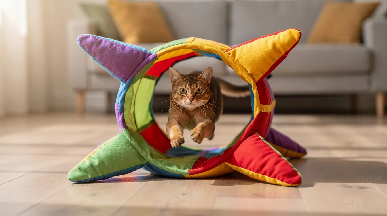 A playful cat is mid-sprint through a vibrant starfish-shaped cat tunnel on a light wood floor, with a small couch visible in the background. This scene captures the essence of indoor cats enjoying interactive play and mental stimulation in a cozy apartment setting.