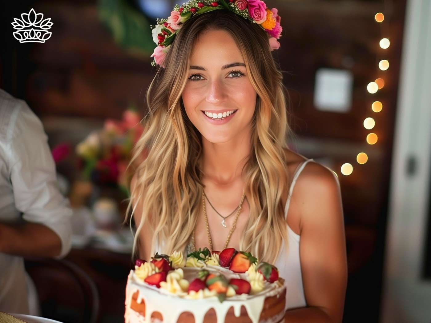 Joyful woman adorned with a floral headpiece, presenting a beautifully decorated cake, encapsulating the bespoke charm of Fabulous Flowers and Gifts.