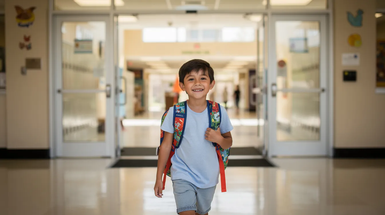 A smiling child confidently walks into a bright school entrance, carrying a backpack and exuding self-belief and a positive attitude. This moment captures the essence of academic success and personal growth as the child embraces new challenges with a calm expression.