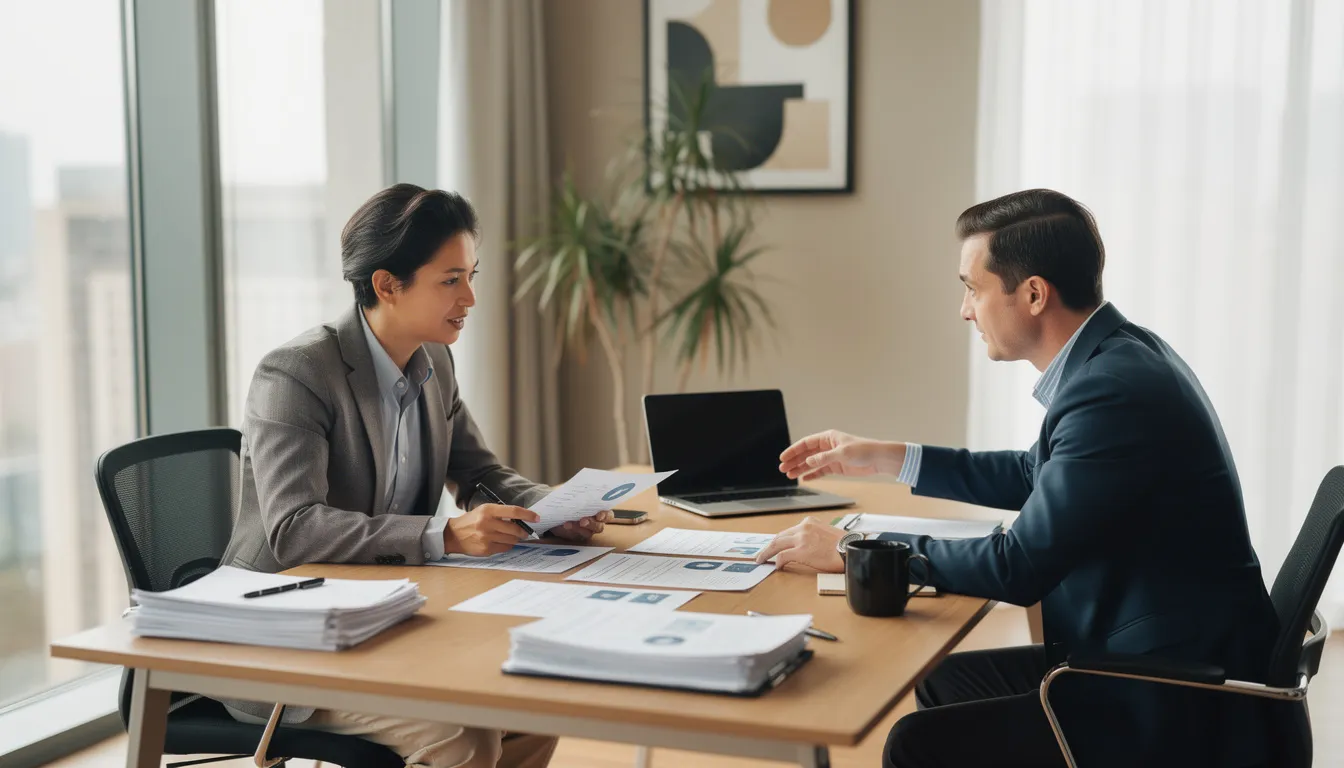 A person dressed in professional attire is seated at a desk, engaged in a meeting with an advisor as they review construction project documents. This scene highlights the importance of collaboration and education in the construction industry, particularly for aspiring construction managers and project managers.