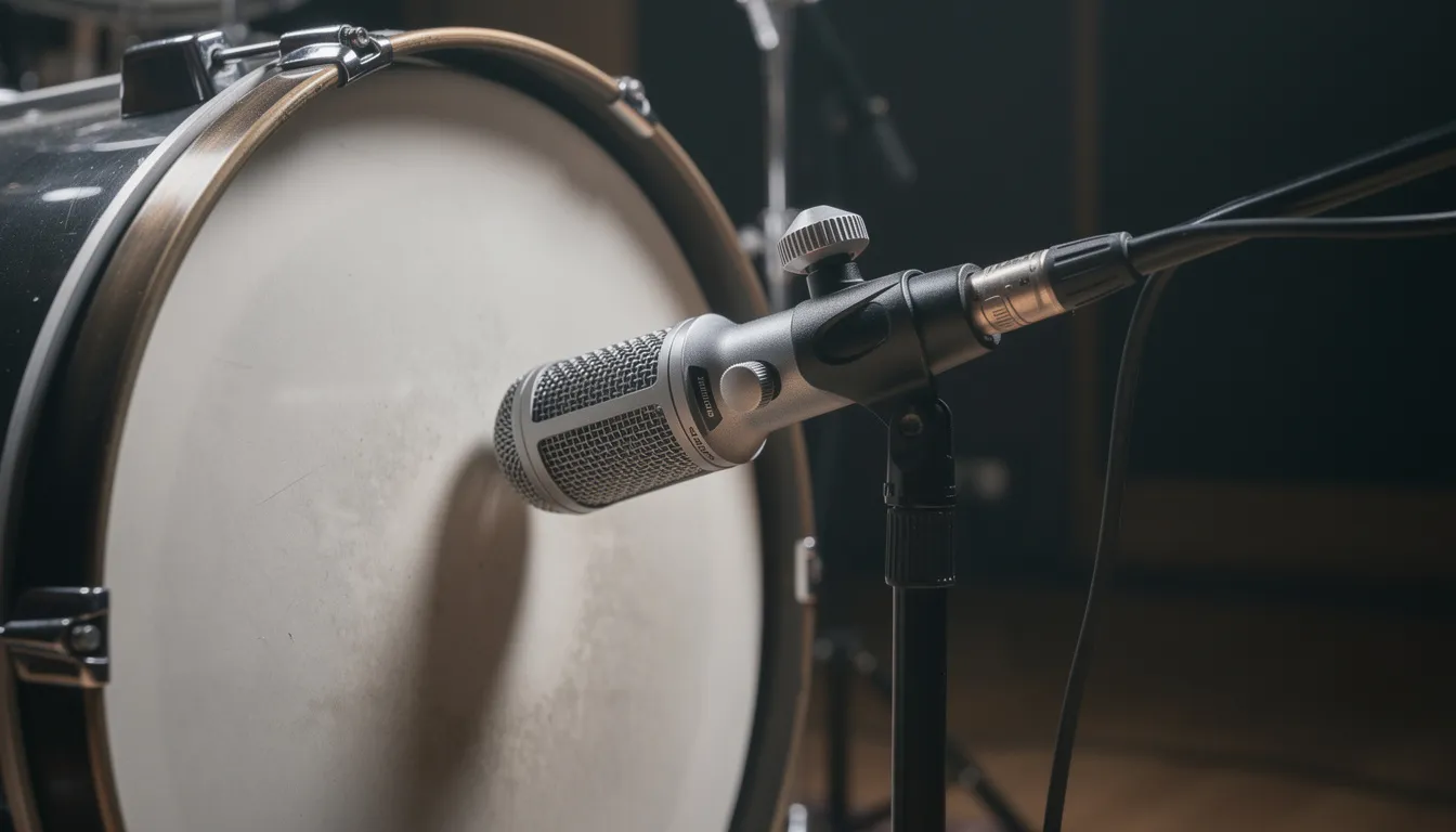 Die Nahaufnahme zeigt ein Bassdrum-Mikrofon in Nierenform, das präzise am Resonanzfell einer Kick-Drum positioniert ist. Diese Anordnung ist entscheidend für die Aufnahmequalität und den Sound des Schlagzeugs im Studio oder bei Live-Auftritten.