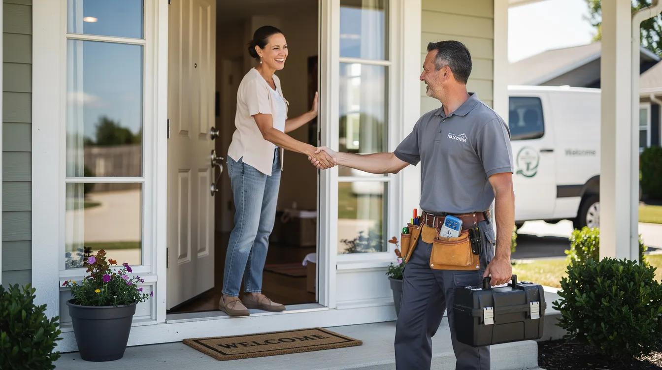 A smiling homeowner shakes hands with a service technician at the front door.