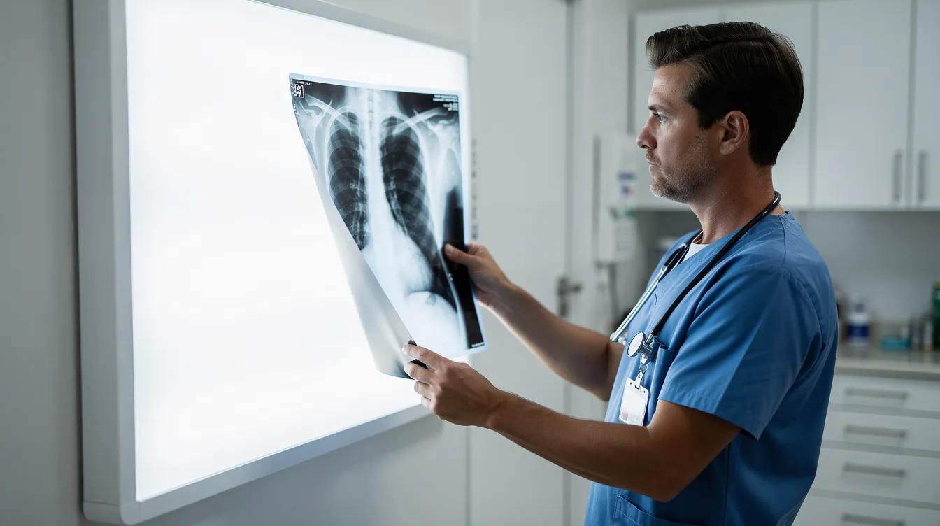 A medical professional is intently examining an x-ray displayed on a light board, likely assessing for any urgent care issues. This scene highlights the critical role of healthcare providers in diagnosing conditions and ensuring patient safety in urgent care settings.