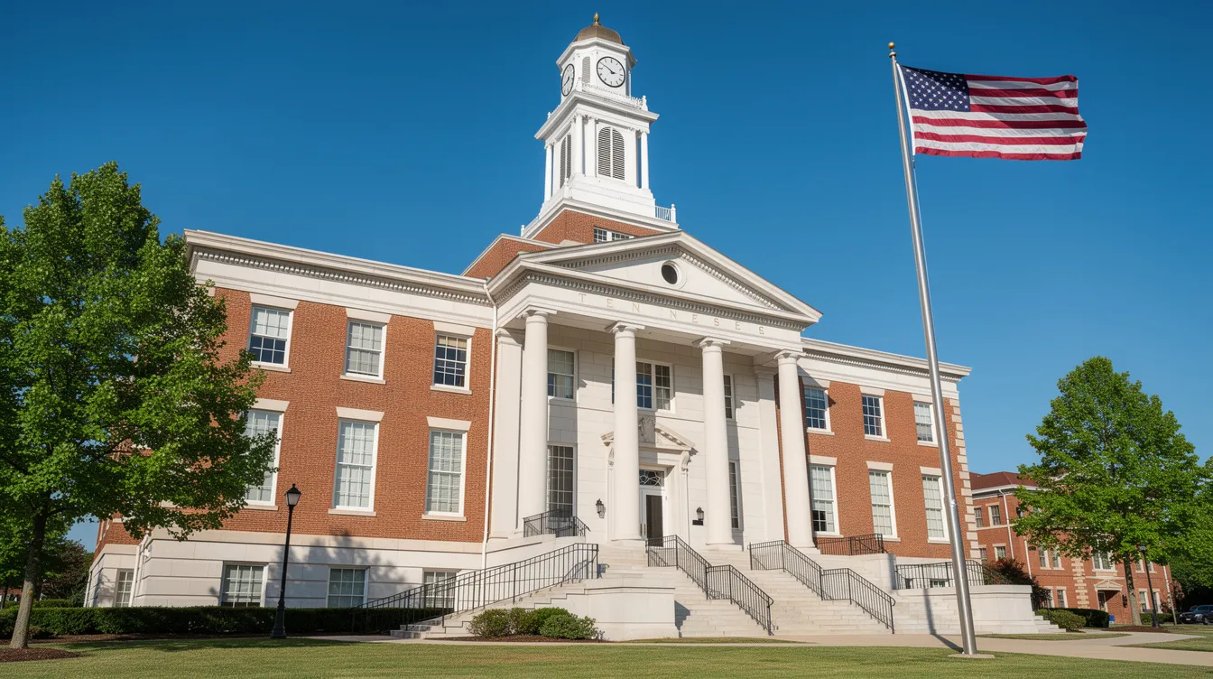 The image depicts the exterior of a Tennessee courthouse adorned with an American flag, set against a clear blue sky. This iconic building symbolizes the judicial system where trade secret litigation and other legal matters, including trade secret misappropriation claims, are addressed.