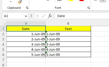 The converted text strings match the original date format completely, except for the left alignment, which is typical for Excel text values.