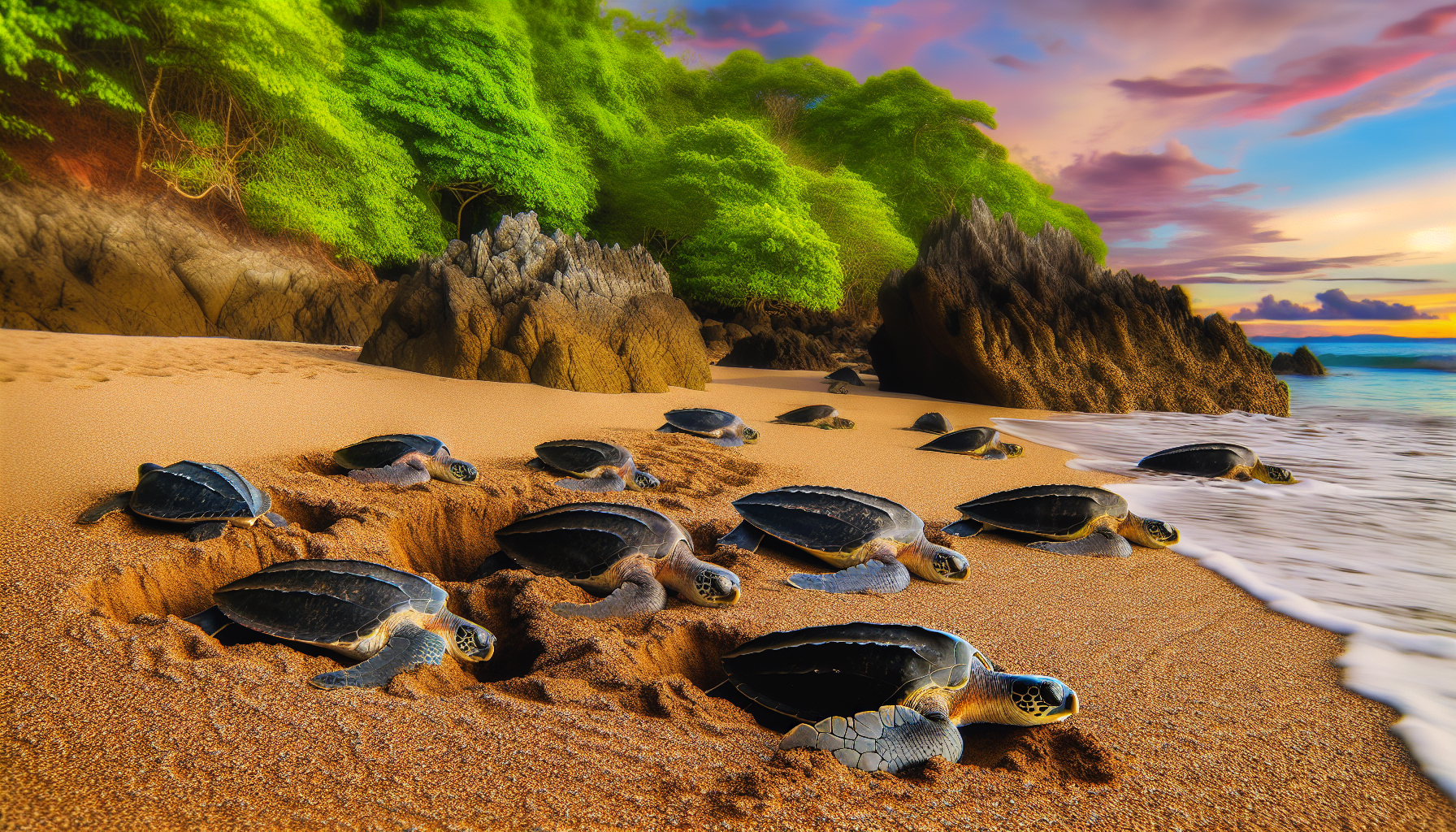 Nesting leatherback turtles on the beach in Playa Langosta