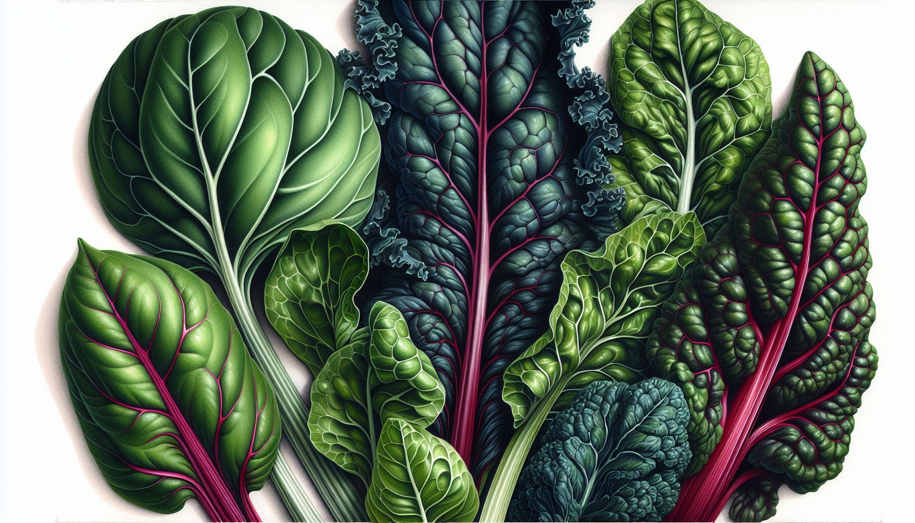 A colorful illustration of a variety of dark leafy greens, such as spinach, kale, and Swiss chard