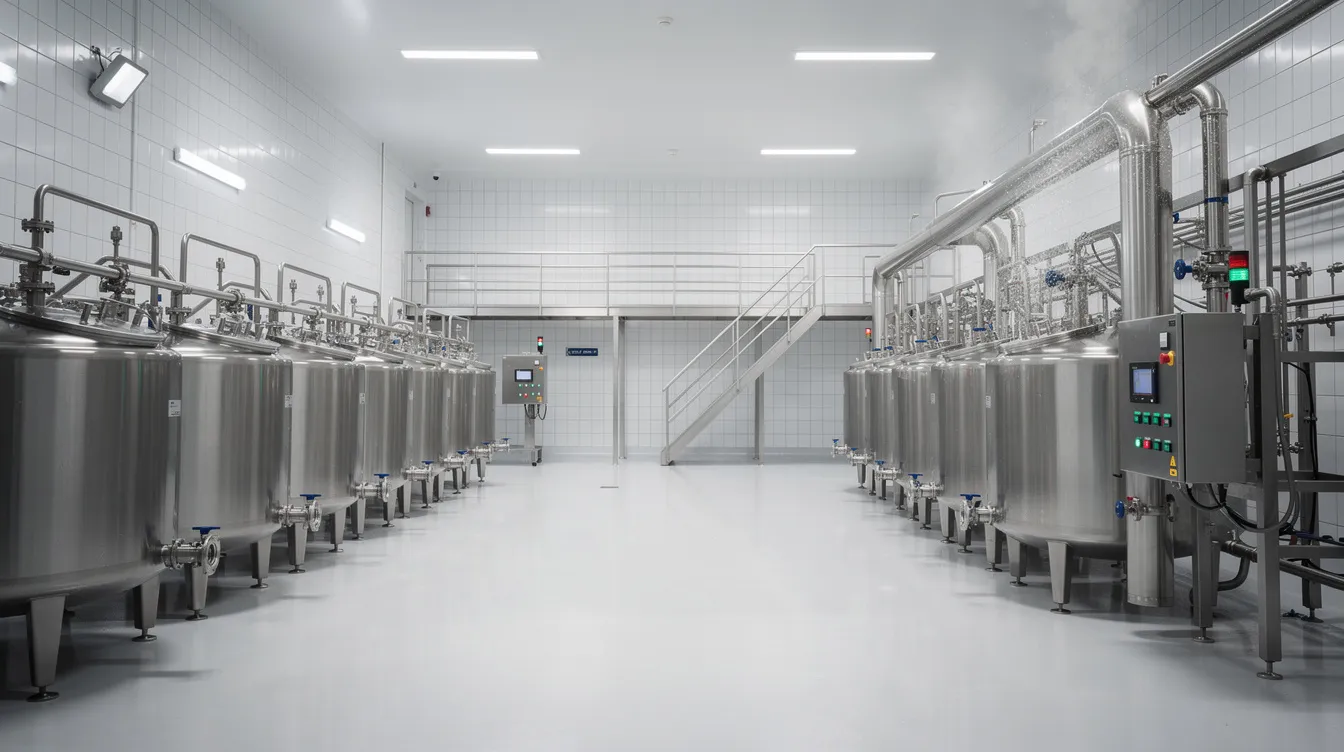 The image depicts the interior of a modern cheese manufacturing plant, showcasing stainless steel cheese vats and pasteurization equipment, essential for the cheese production process. This facility highlights advanced machinery and technology requirements crucial for meeting the demands of the global cheese market.