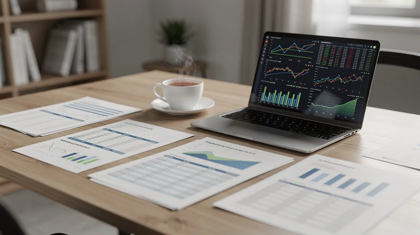 The image depicts a professional workspace featuring financial documents, a laptop displaying various charts, and a cup of tea on the desk, ideal for aspiring entrepreneurs and small business owners in the Delhi NCR region. This setup suggests a focus on financial planning and market research, essential for developing profitable small business ideas.