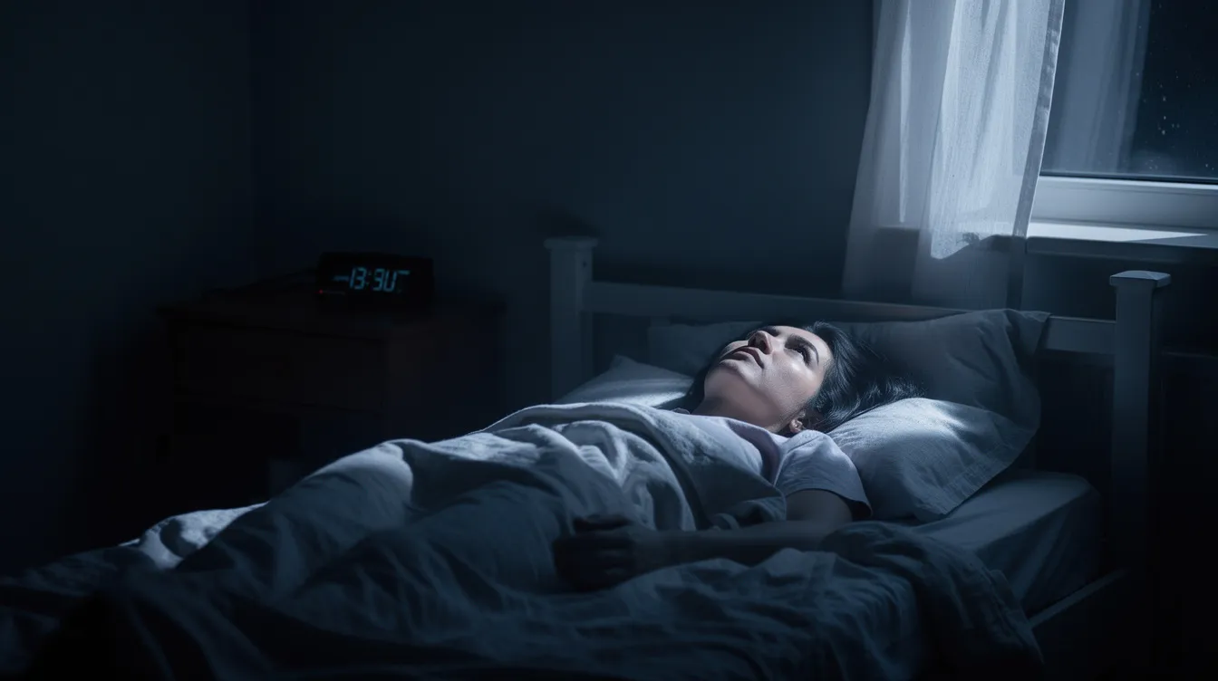 A person is lying in bed at night, staring up at the ceiling, appearing restless and unable to fall asleep, which may indicate struggles with sleep disorders or poor sleep quality. This scene reflects the challenges of maintaining healthy sleep habits and the impact of mental health on sleep patterns.