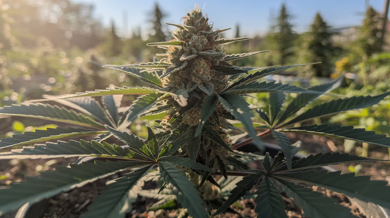 A cannabis plant thrives outdoors in bright sunlight, showcasing its wide, dark green indica leaves and a thick central cola, characteristic of the legendary northern lights strain. This indica dominant strain is known for its potent effects and is a favorite among cannabis enthusiasts for its deep relaxation and stress relief properties.