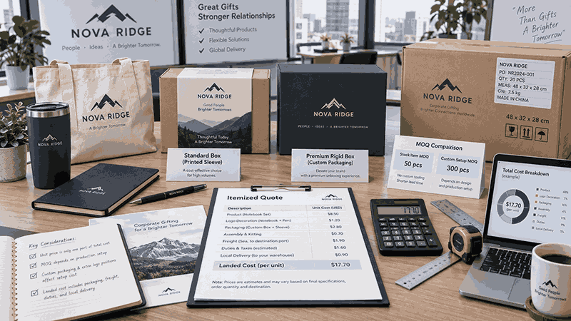 Corporate gift sourcing comparison showing packaging options, minimum order quantities, an itemized quotation, and total landed cost.
