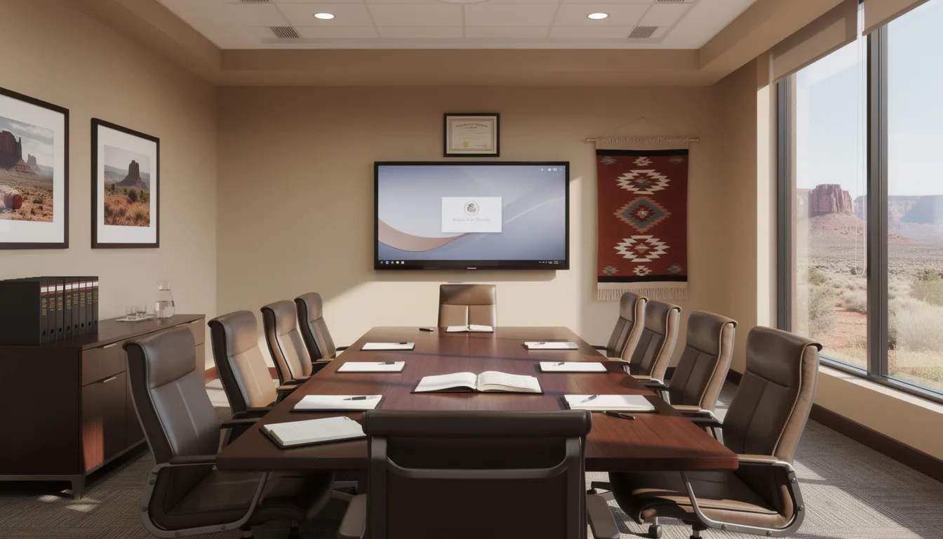 The image depicts a modern law office conference room in New Mexico, featuring a large wooden table surrounded by comfortable chairs, with a backdrop of large windows allowing natural light to illuminate the space. This professional setting is ideal for discussions related to serious injury cases, including traumatic brain injury lawsuits and consultations with experienced brain injury attorneys.
