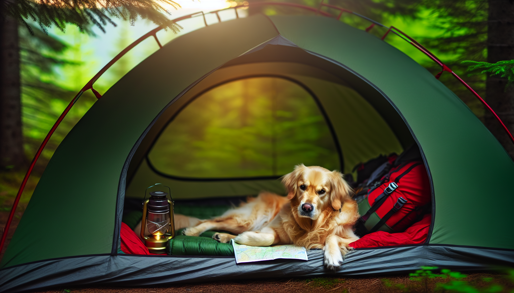 A dog resting comfortably inside a camping tent